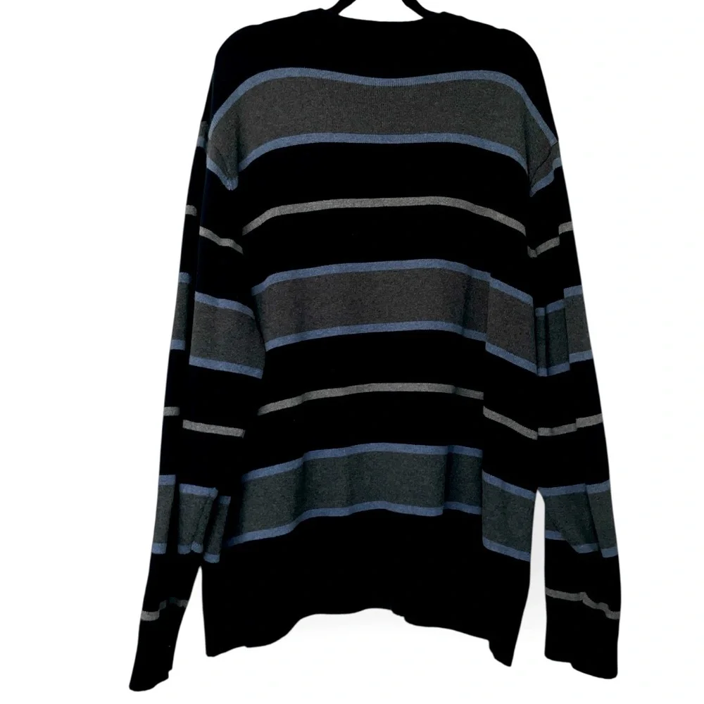 Tricots St Raphael V-Neck Cotton Long Sleeve Striped Sweater 3X Navy Quality